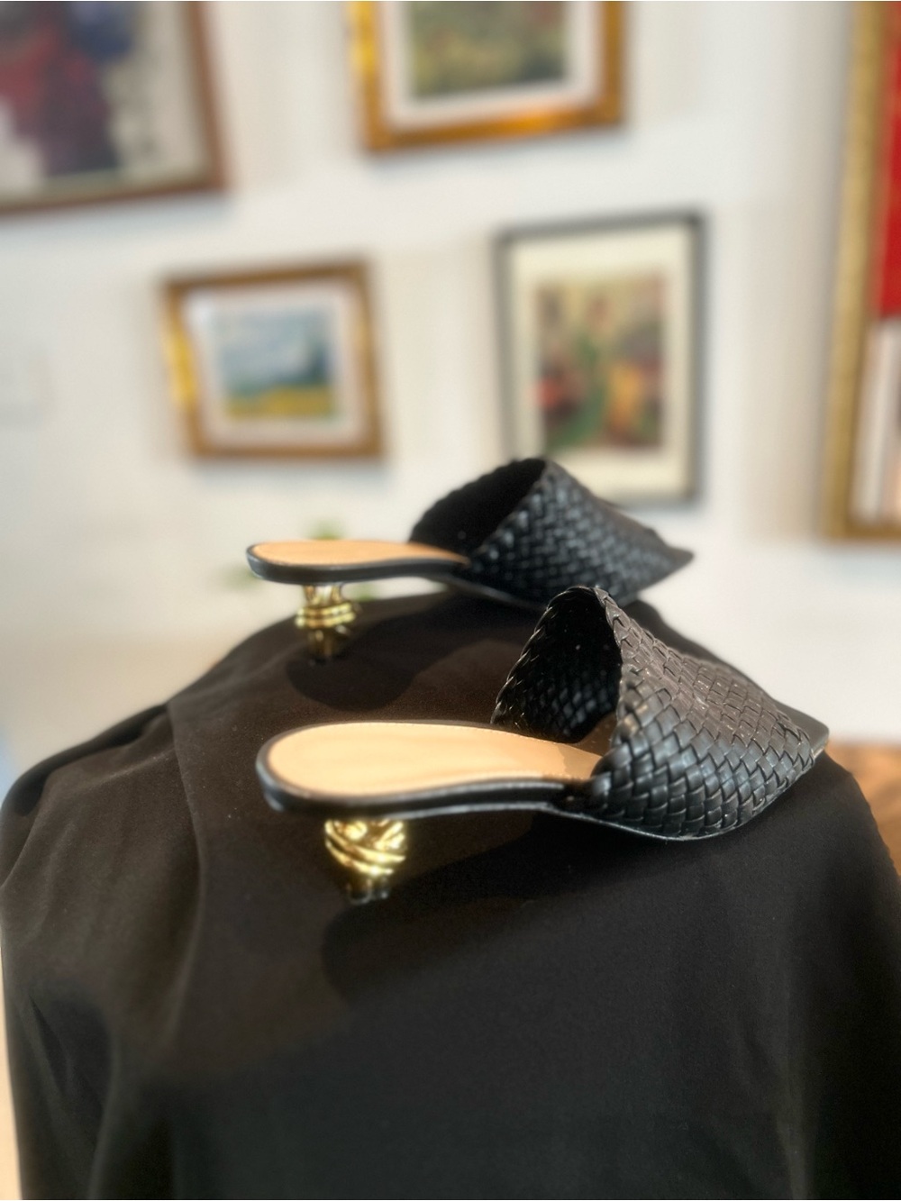 Bottega Veneta Black Woven Slide Mules with Gold Sculpted Heel
